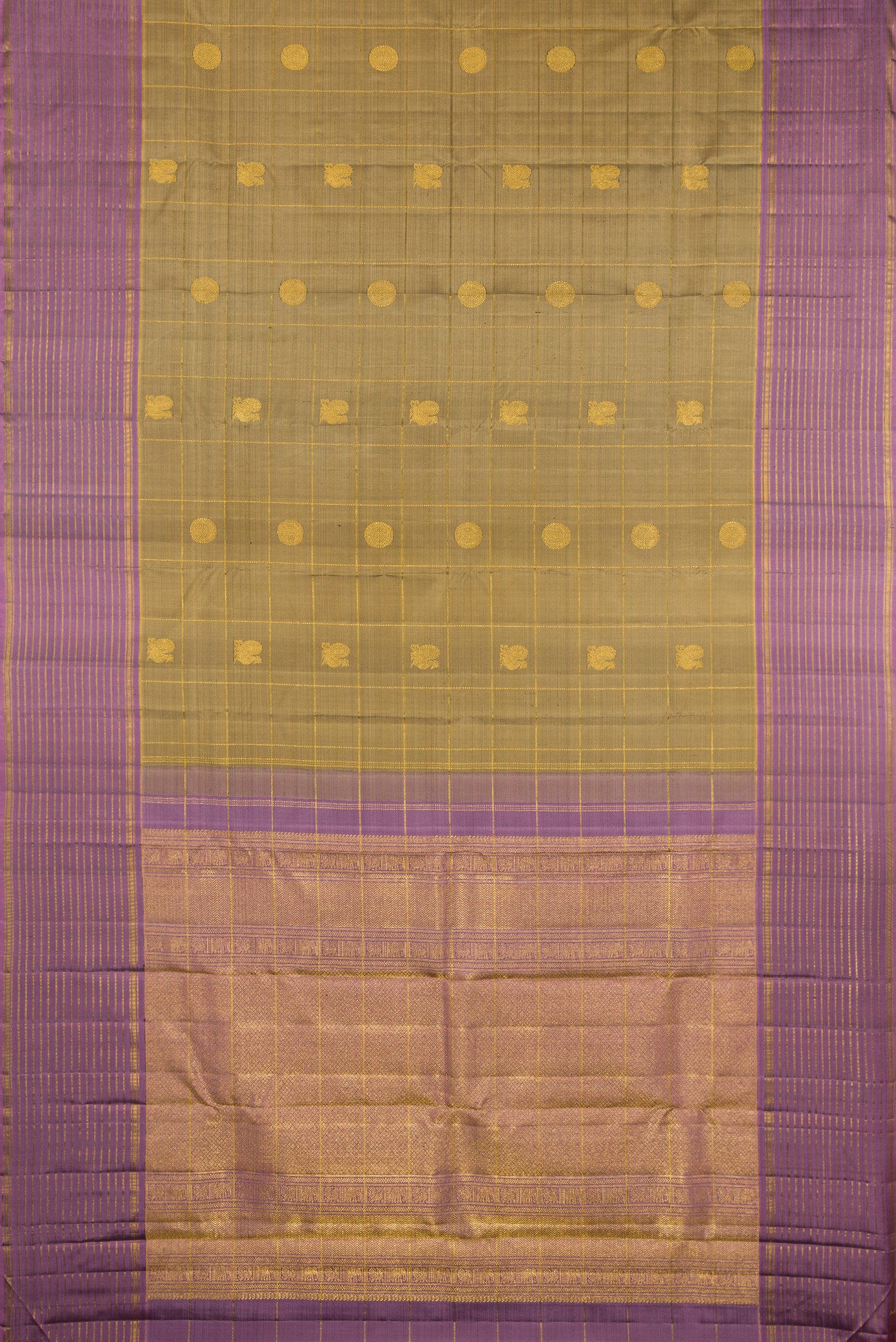 Flat view of Mehandi Green Kanjivaram Silk Saree with Checked design on the body and Zari Border. 