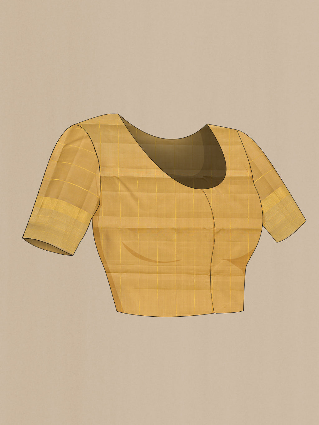 Close up image of the blouse of Pure Silk Beige Kanjivaram Saree with Checked design on the body and Zari Border. 