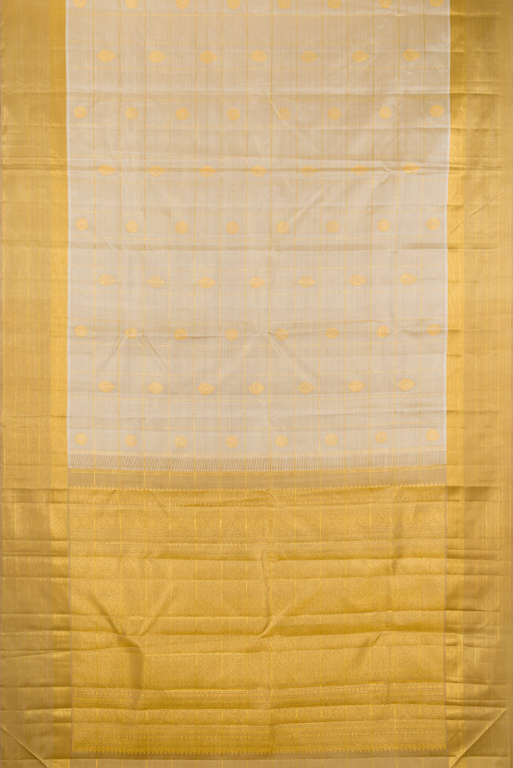 Flat view of Pure Silk Beige Kanjivaram Saree with Checked design on the body and Zari Border. 