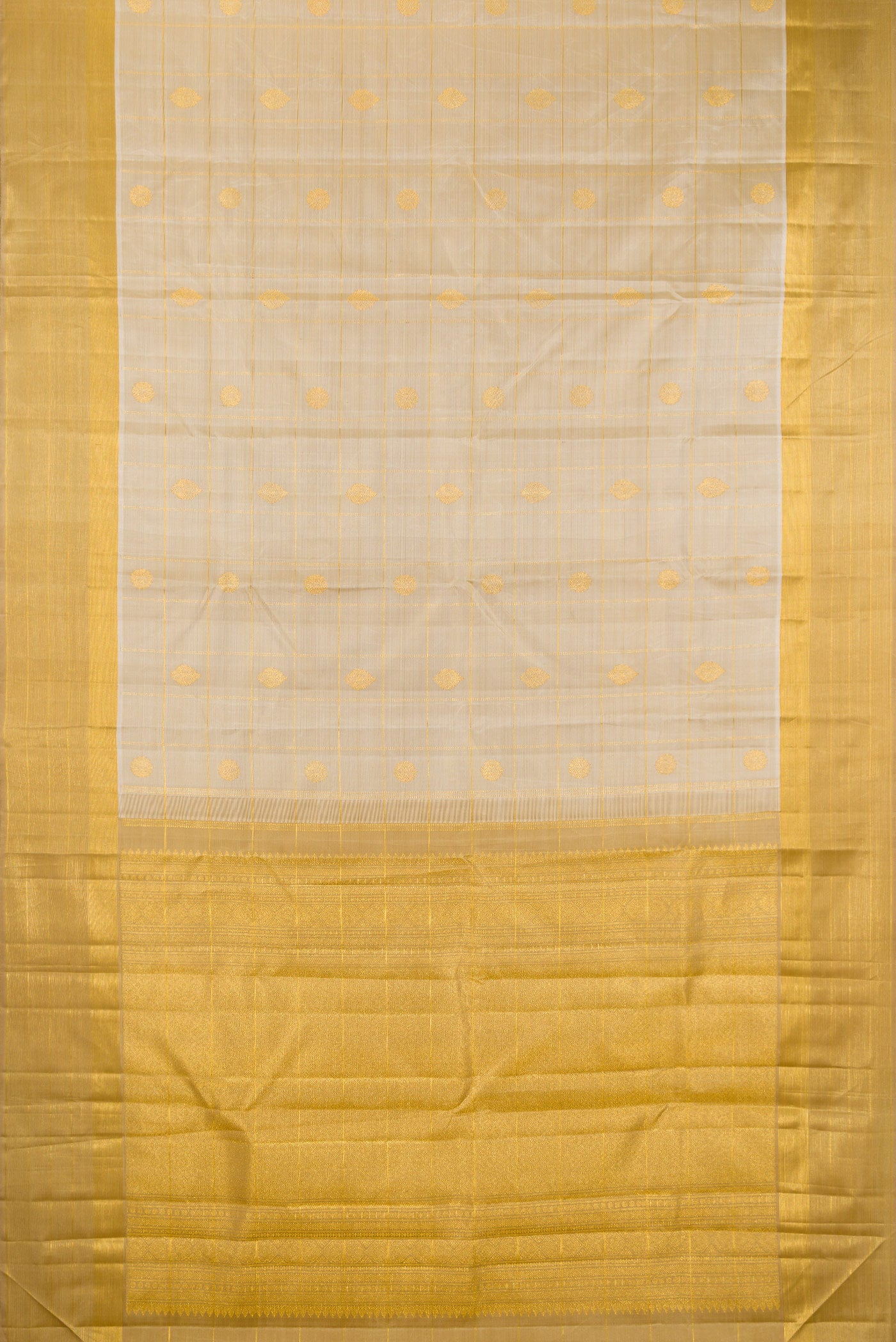 Flat view of Pure Silk Beige Kanjivaram Saree with Checked design on the body and Zari Border. 