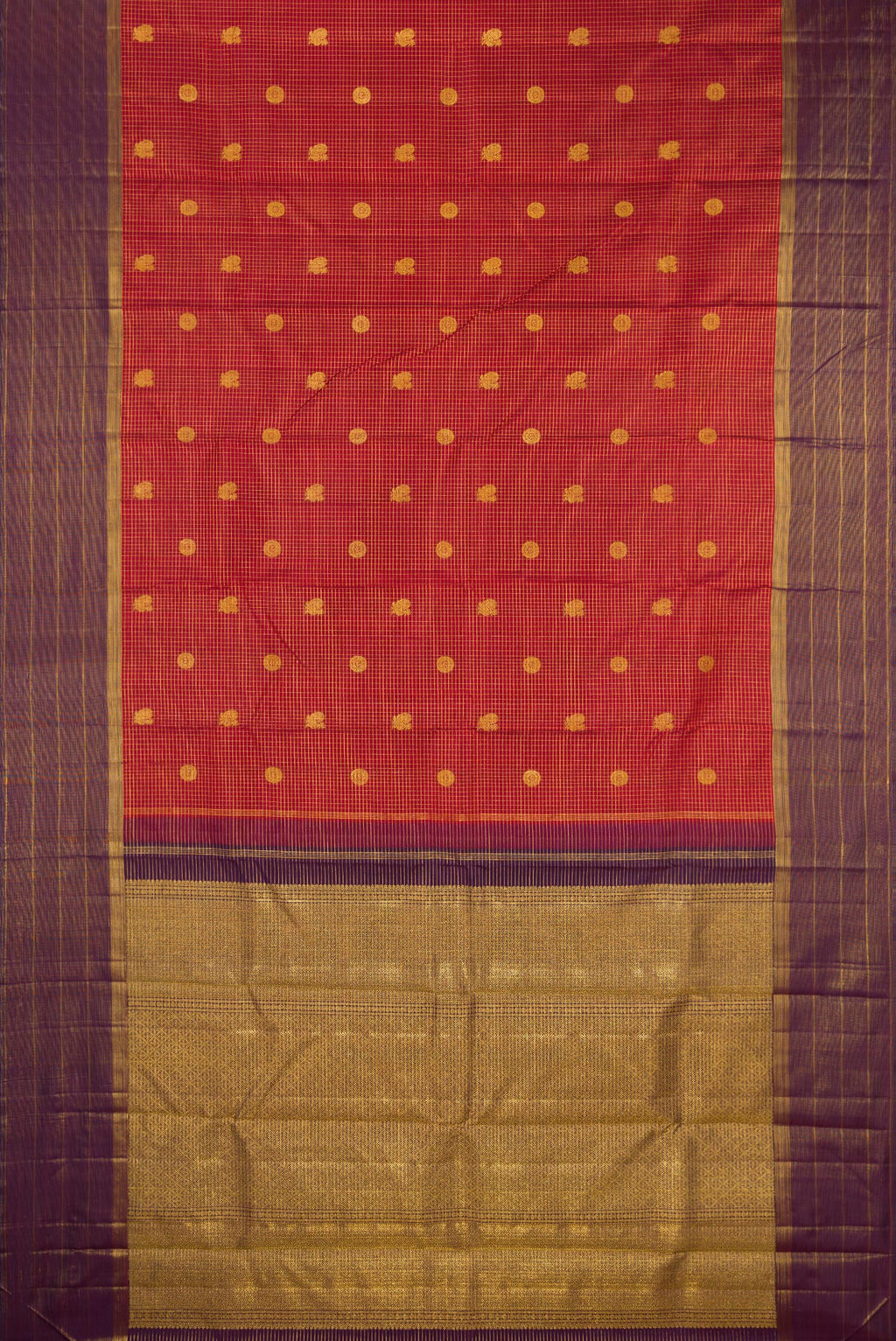 Flat view of Rust Dual Tone Kanjivaram Silk Saree with Checked design on the body and Fancy Border. 