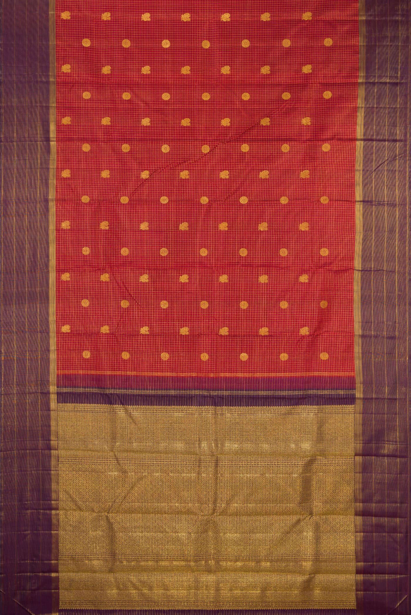 Flat view of Rust Dual Tone Kanjivaram Silk Saree with Checked design on the body and Fancy Border. 