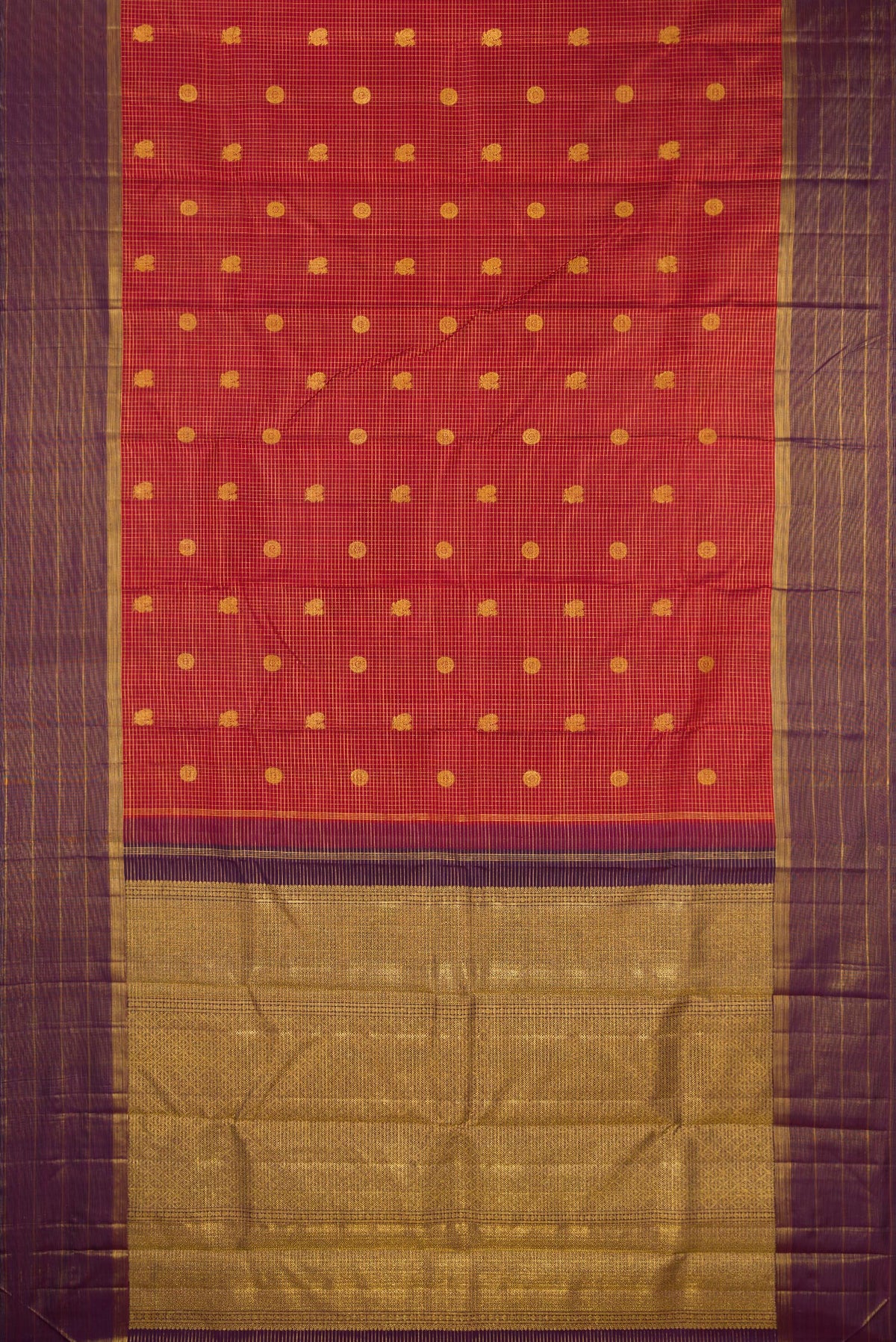 Flat view of Rust Dual Tone Kanjivaram Silk Saree with Checked design on the body and Fancy Border. 