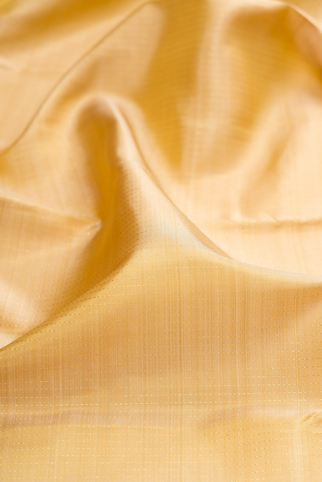 Close up of Beige Kanjivaram Silk Saree with Stripes on the body and Zari Border.  displaying folds