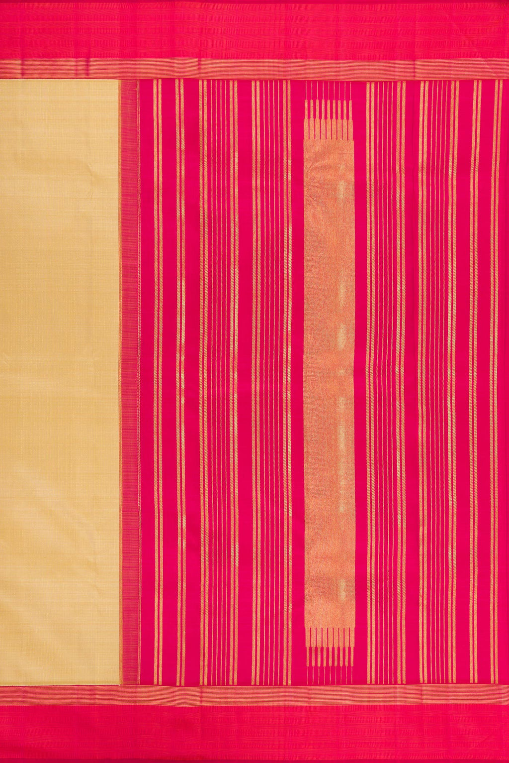 Close up image of the pallu of Beige Kanjivaram Silk Saree with Stripes on the body and Zari Border. 