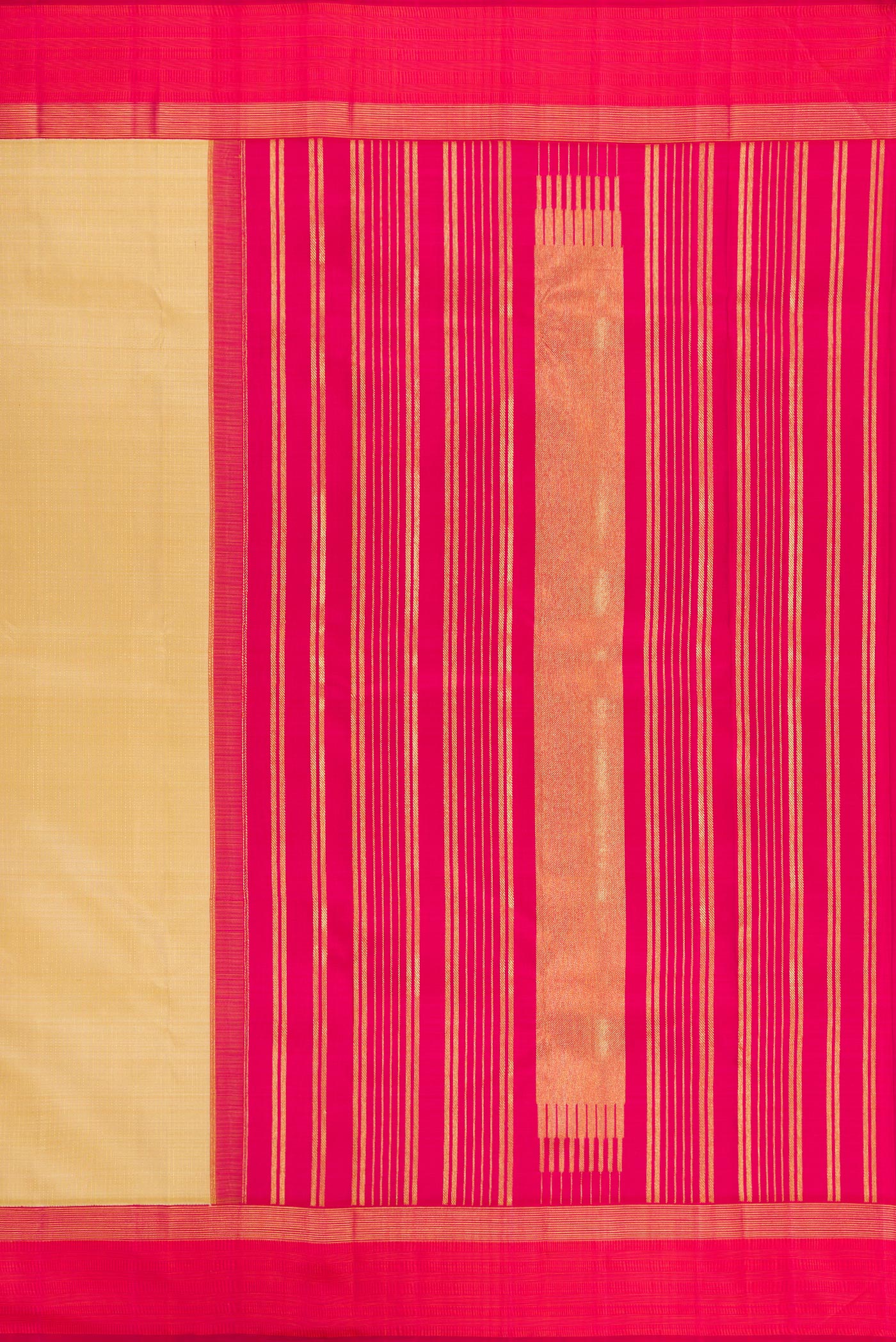 Close up image of the pallu of Beige Kanjivaram Silk Saree with Stripes on the body and Zari Border. 