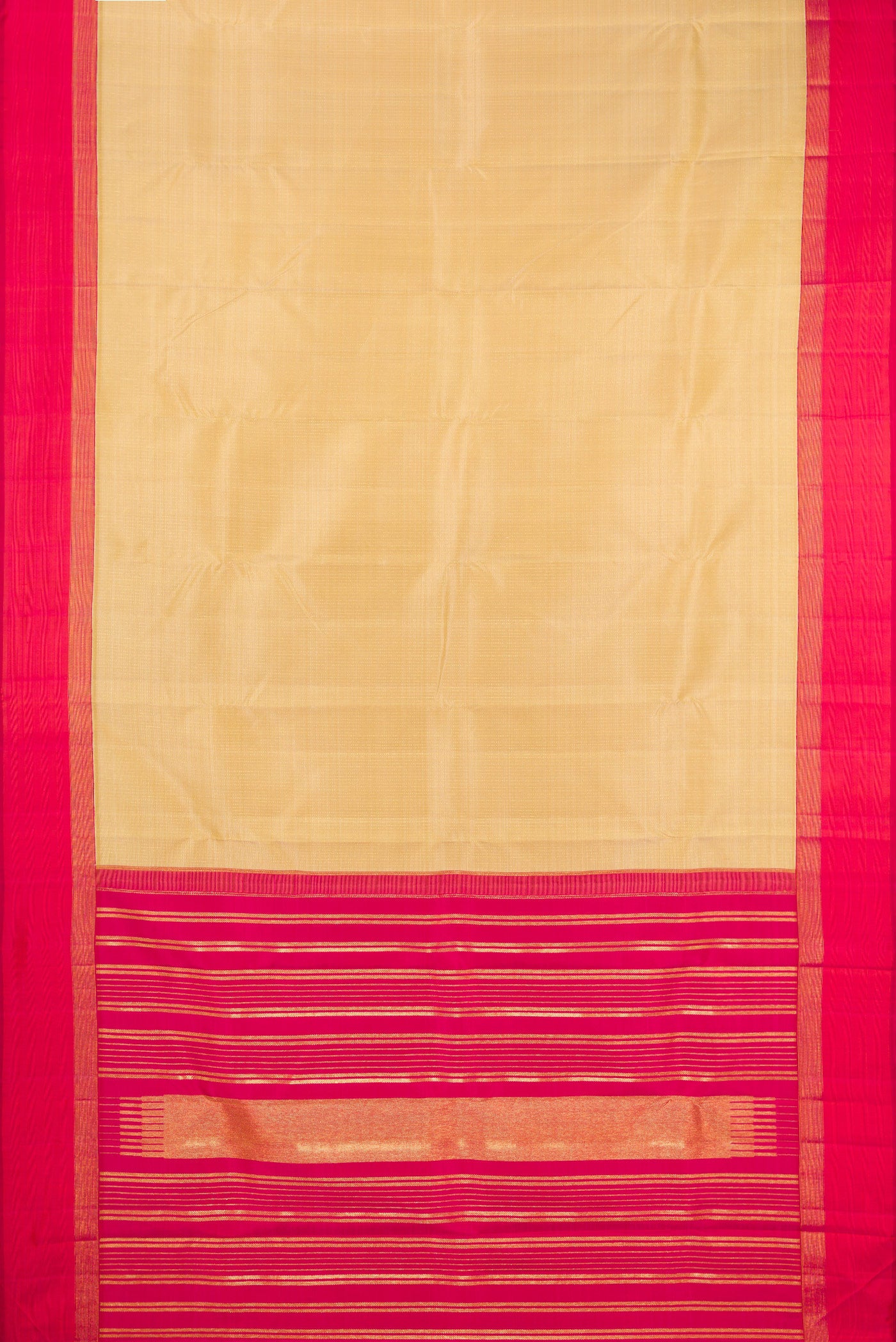 Flat view of Beige Kanjivaram Silk Saree with Stripes on the body and Zari Border. 