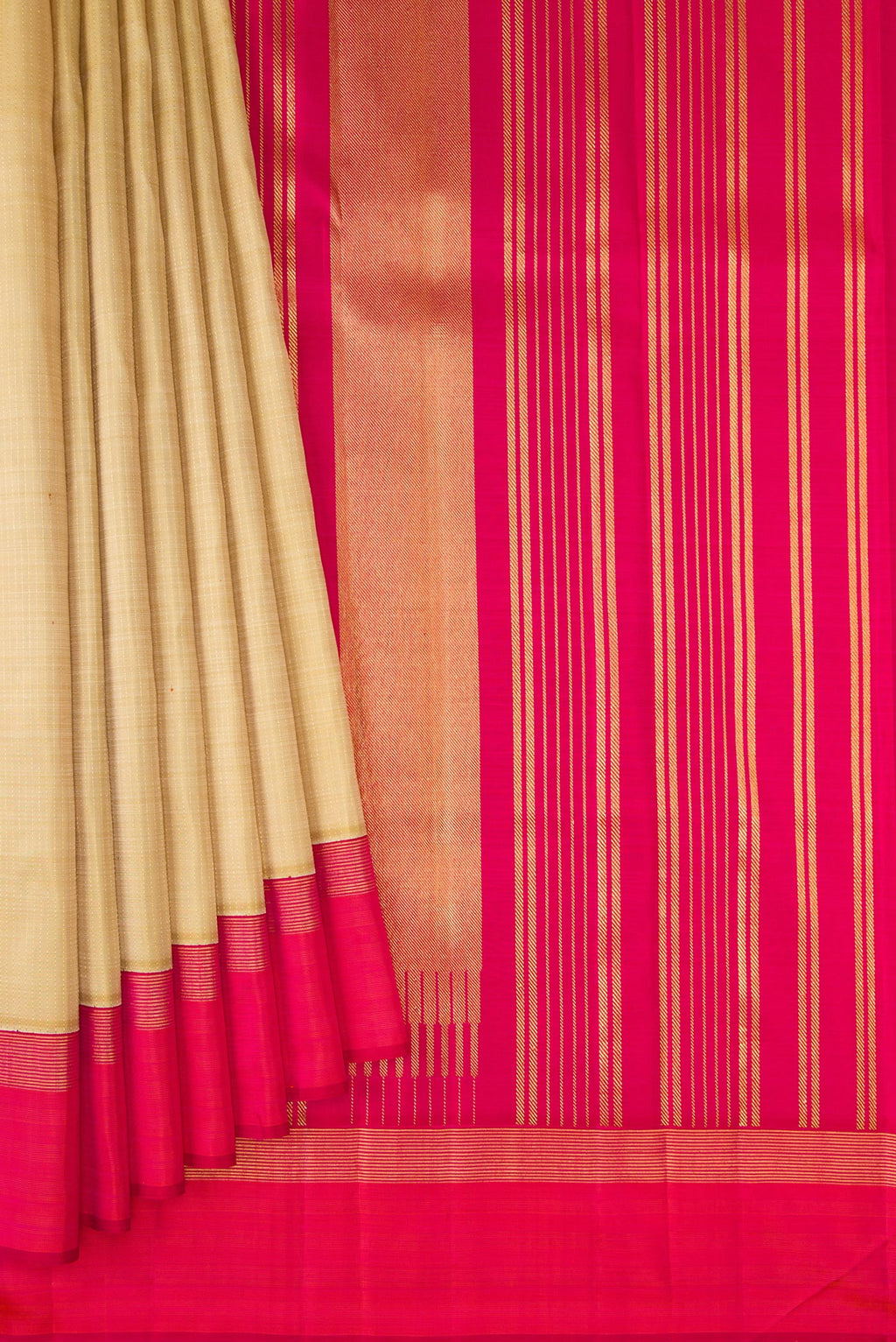Pleats and pallu of Beige Kanjivaram Silk Saree with Stripes on the body and Zari Border. 