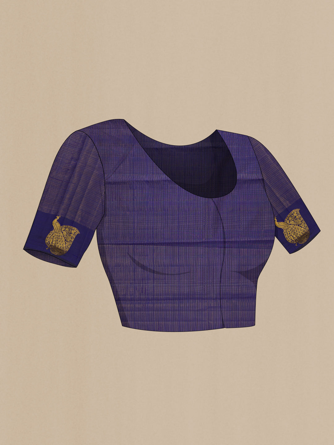 Close up image of the blouse of Pure Silk Navy Blue Kanjivaram Saree with Checked design on the body and Fancy Border. 