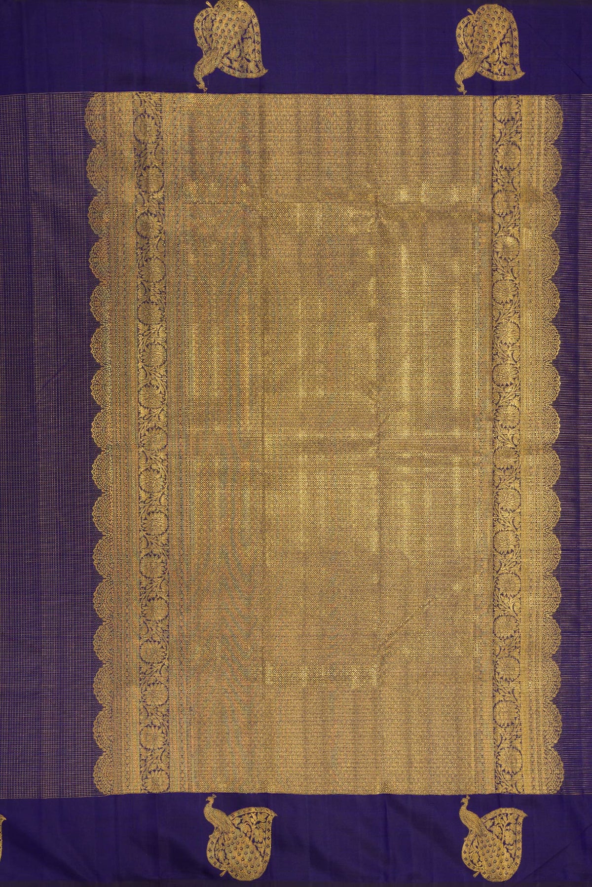 Close up image of the pallu of Pure Silk Navy Blue Kanjivaram Saree with Checked design on the body and Fancy Border. 