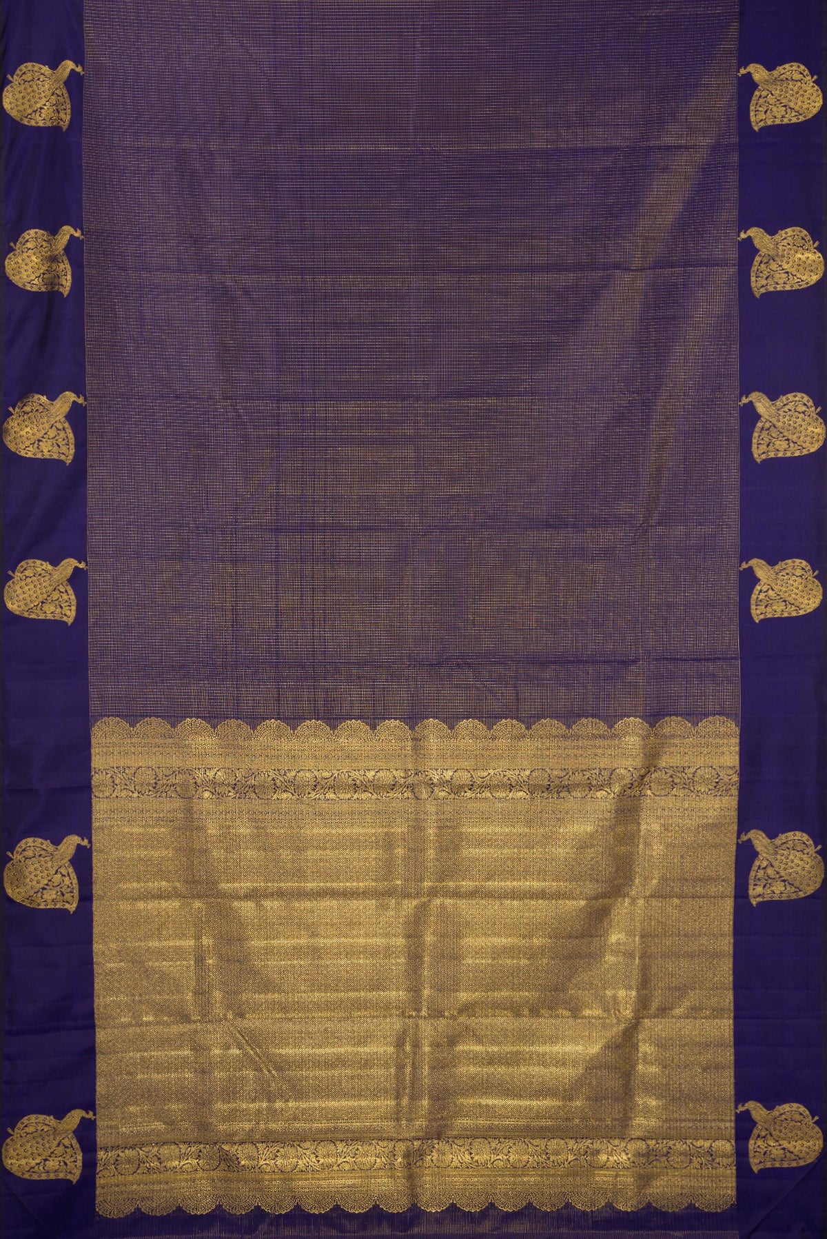 Flat view of Pure Silk Navy Blue Kanjivaram Saree with Checked design on the body and Fancy Border. 