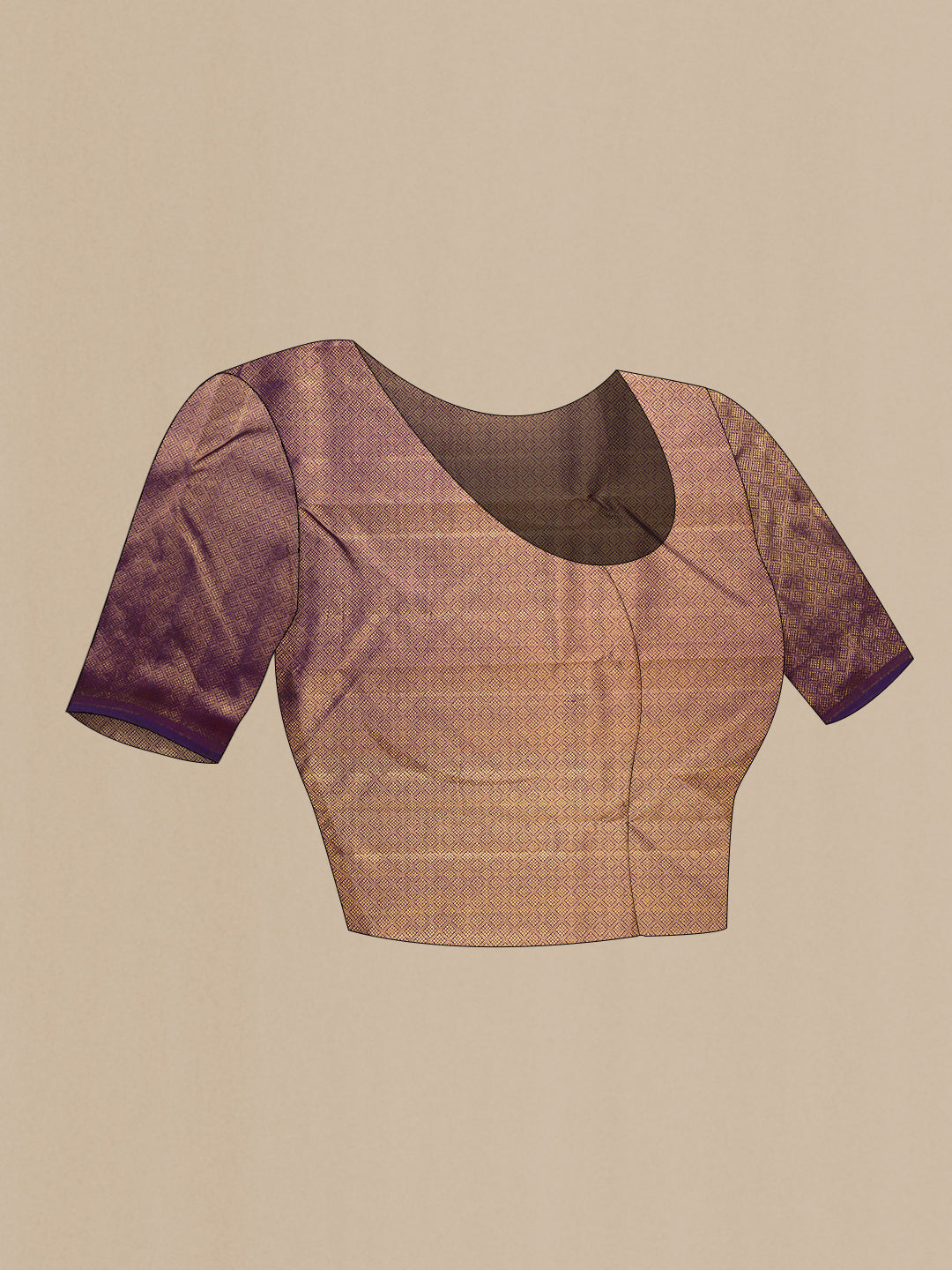 Close up image of the blouse of Pink Kanjivaram Silk Saree with Zari And Thread Butta on the body and Without Border. 