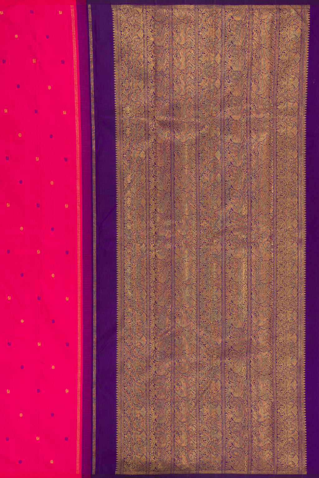 Close up image of the pallu of Pink Kanjivaram Silk Saree with Zari And Thread Butta on the body and Without Border. 