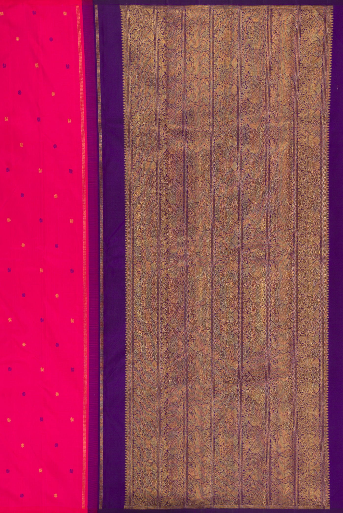 Close up image of the pallu of Pink Kanjivaram Silk Saree with Zari And Thread Butta on the body and Without Border. 