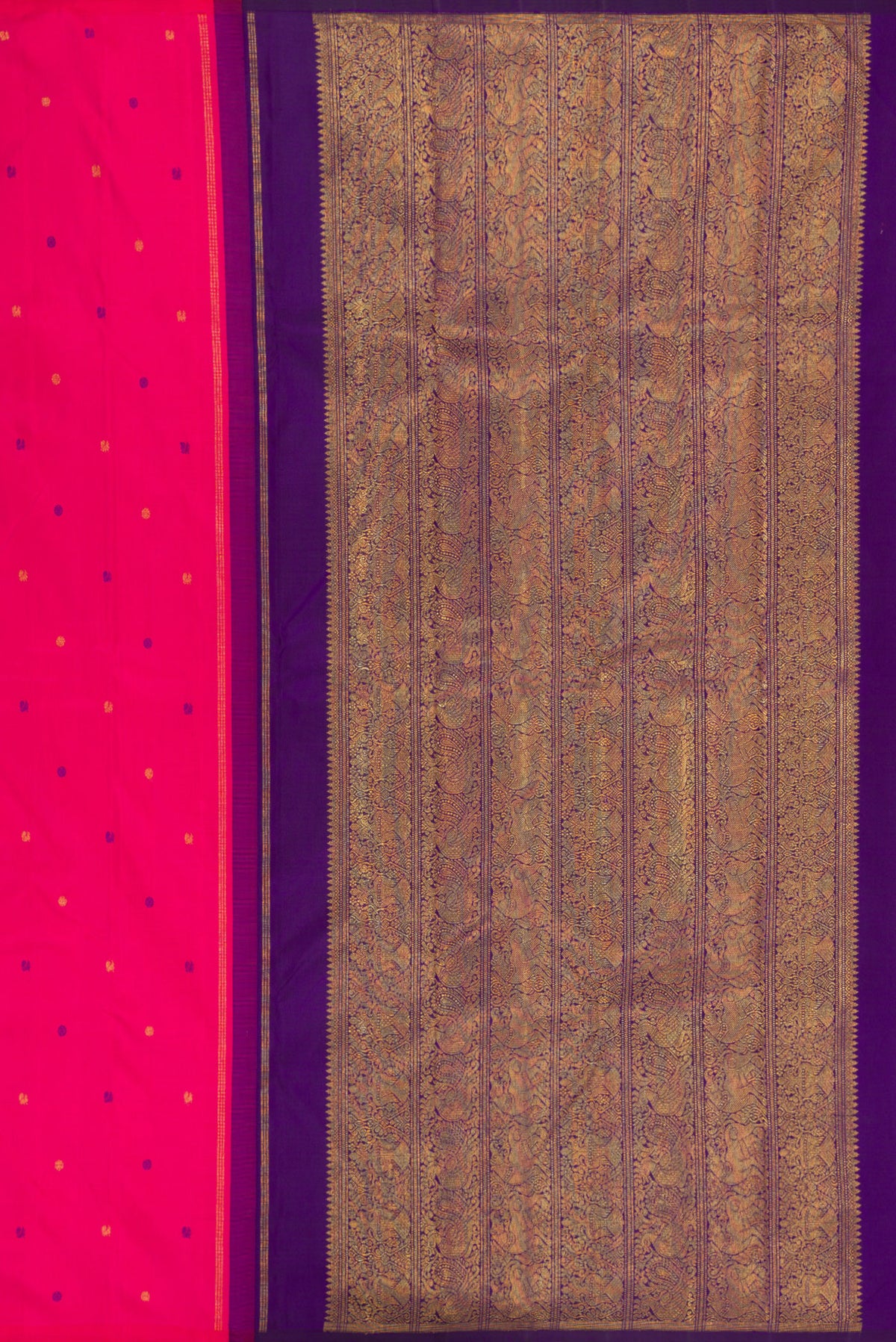 Close up image of the pallu of Pink Kanjivaram Silk Saree with Zari And Thread Butta on the body and Without Border. 