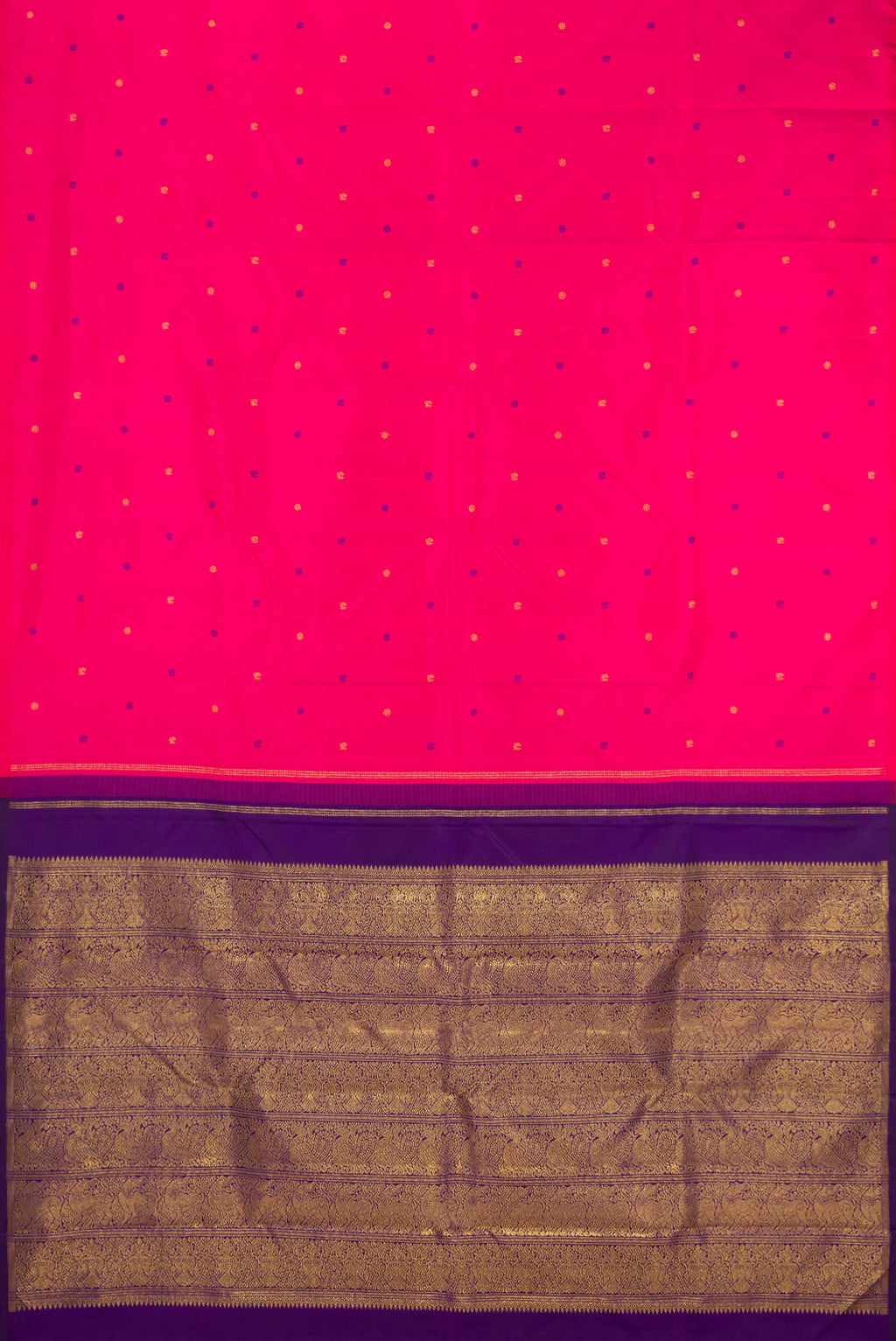 Flat view of Pink Kanjivaram Silk Saree with Zari And Thread Butta on the body and Without Border. 
