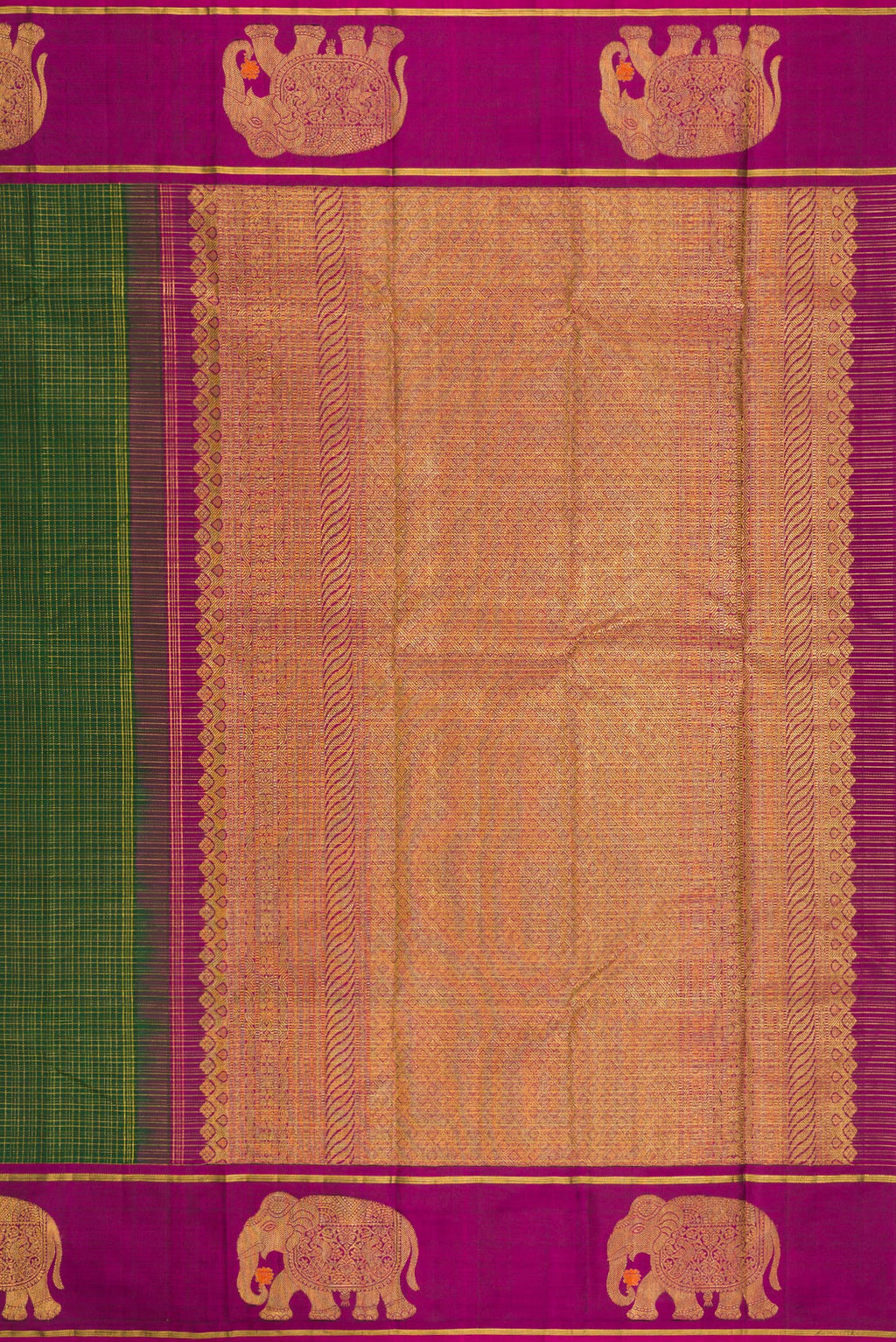 Close up image of the pallu of Bottle Green Kanjivaram Silk Saree with Checked design on the body and Zari Border. 