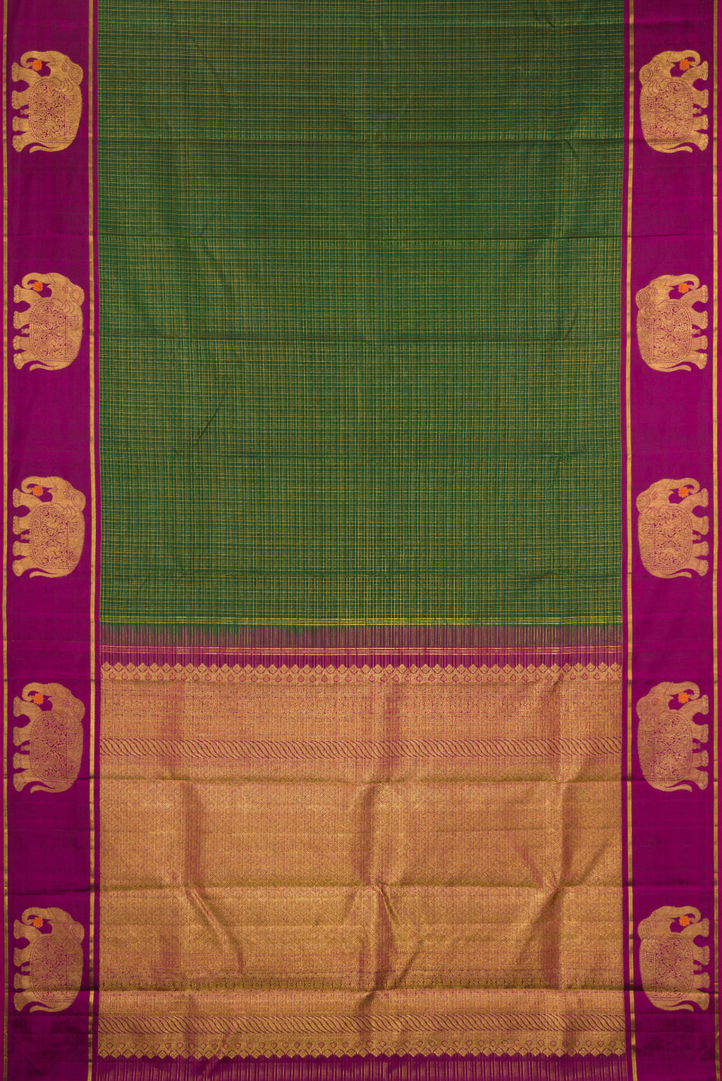 Flat view of Bottle Green Kanjivaram Silk Saree with Checked design on the body and Zari Border. 