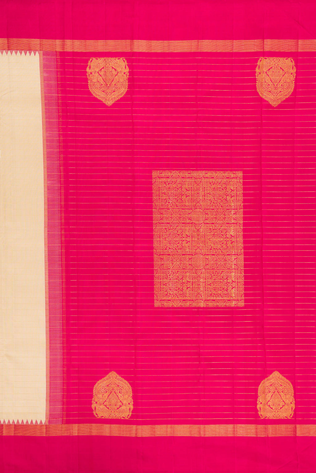 Close up image of the pallu of Beige Kanjivaram Silk Saree with Checked design on the body and Temple Border. 