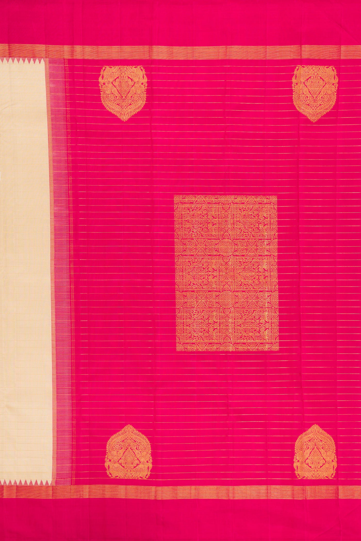 Close up image of the pallu of Beige Kanjivaram Silk Saree with Checked design on the body and Temple Border. 