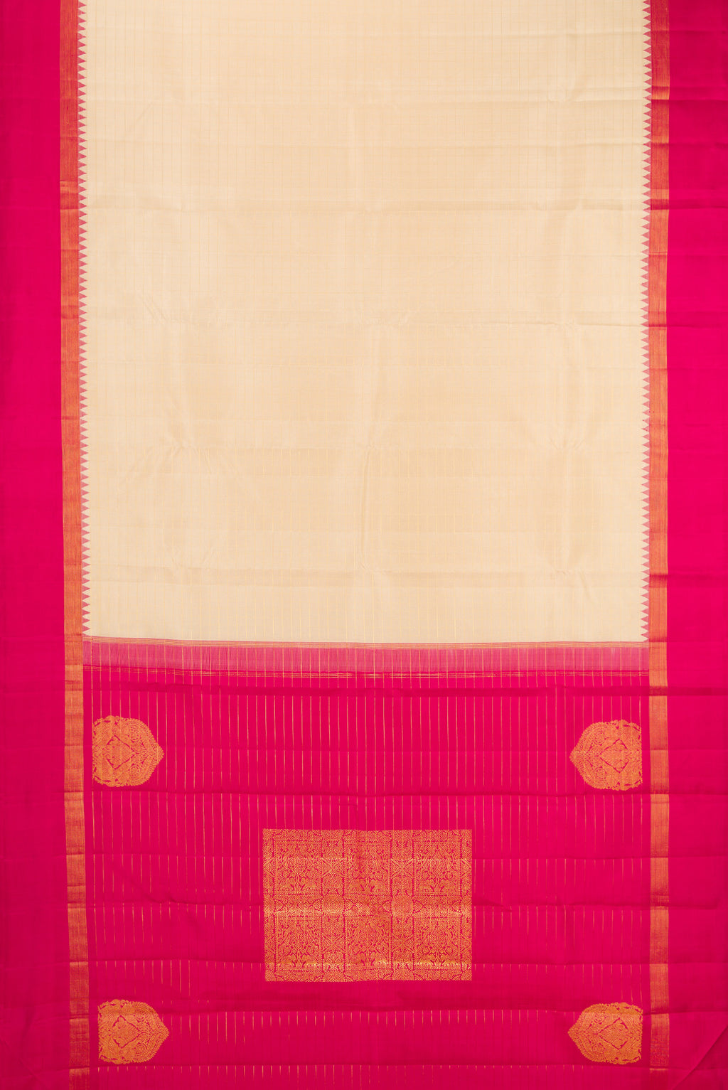 Flat view of Beige Kanjivaram Silk Saree with Checked design on the body and Temple Border. 