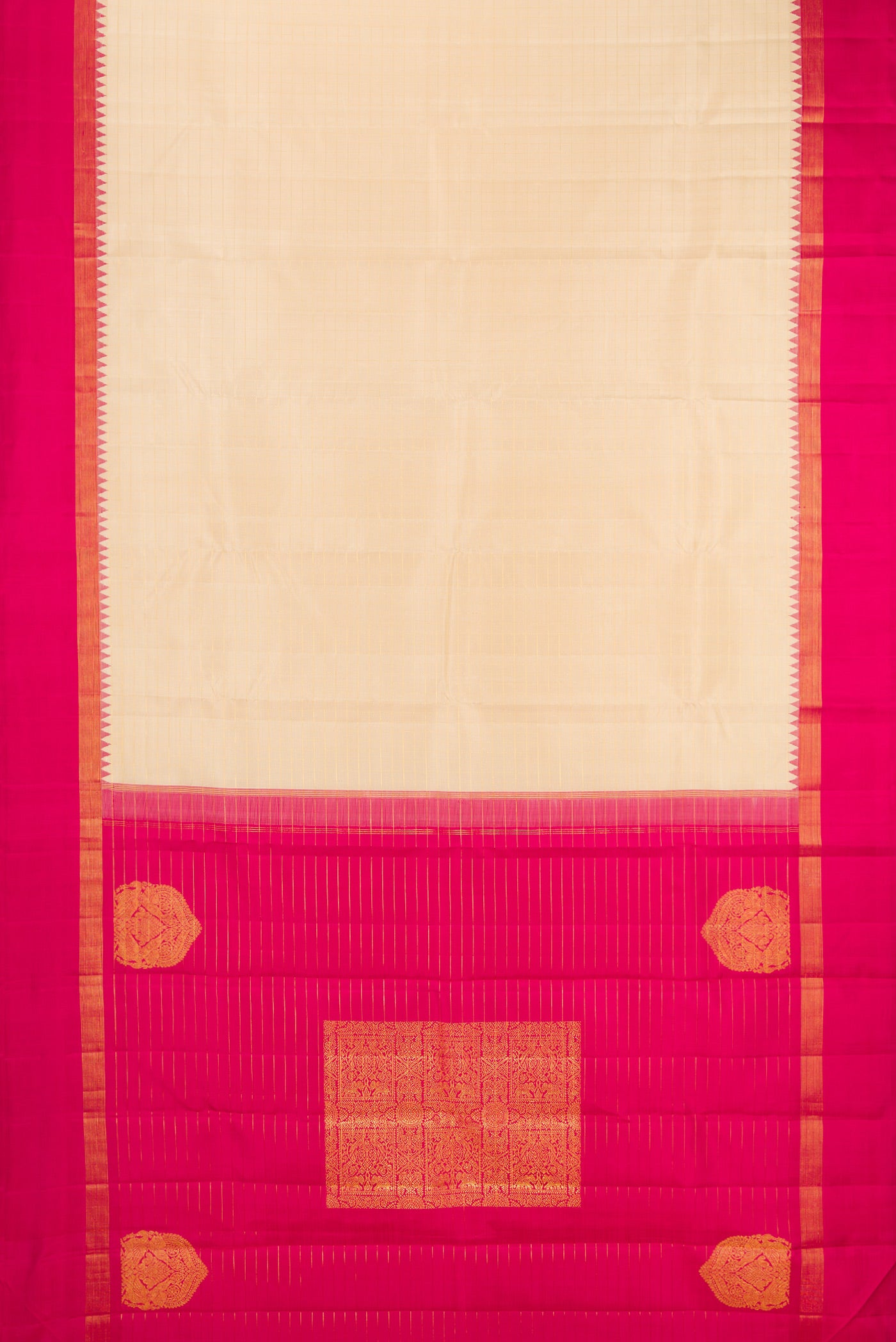 Flat view of Beige Kanjivaram Silk Saree with Checked design on the body and Temple Border. 