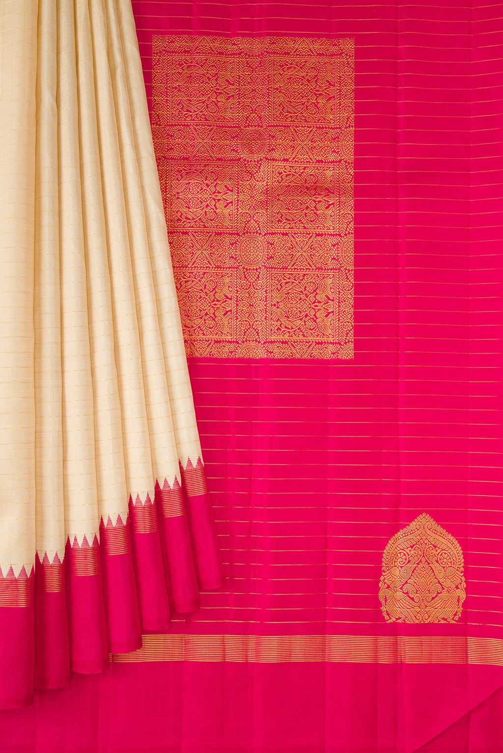 Pleats and pallu of Beige Kanjivaram Silk Saree with Checked design on the body and Temple Border. 