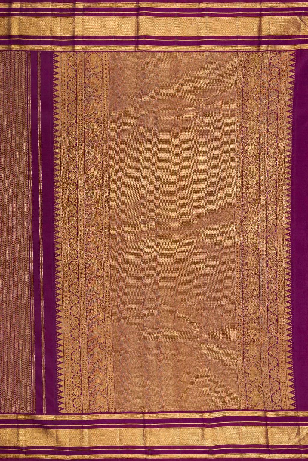 Close up image of the pallu of Pure Silk Purple Kanchipuram Saree with Jacquard design on the body and Zari Border. 