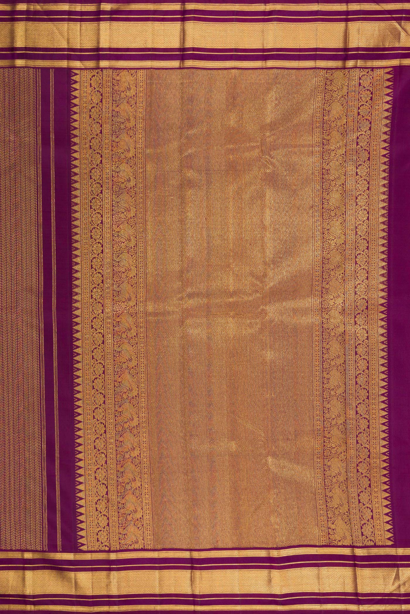 Close up image of the pallu of Pure Silk Purple Kanchipuram Saree with Jacquard design on the body and Zari Border. 