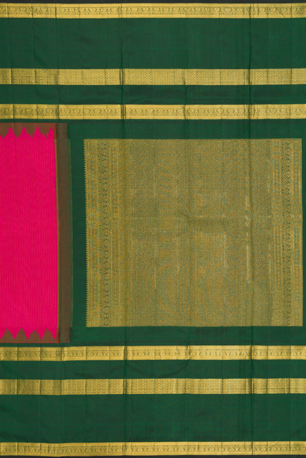 Close up image of the pallu of Pink Kanchipuram Silk Saree with Stripes on the body and Zari Border. 