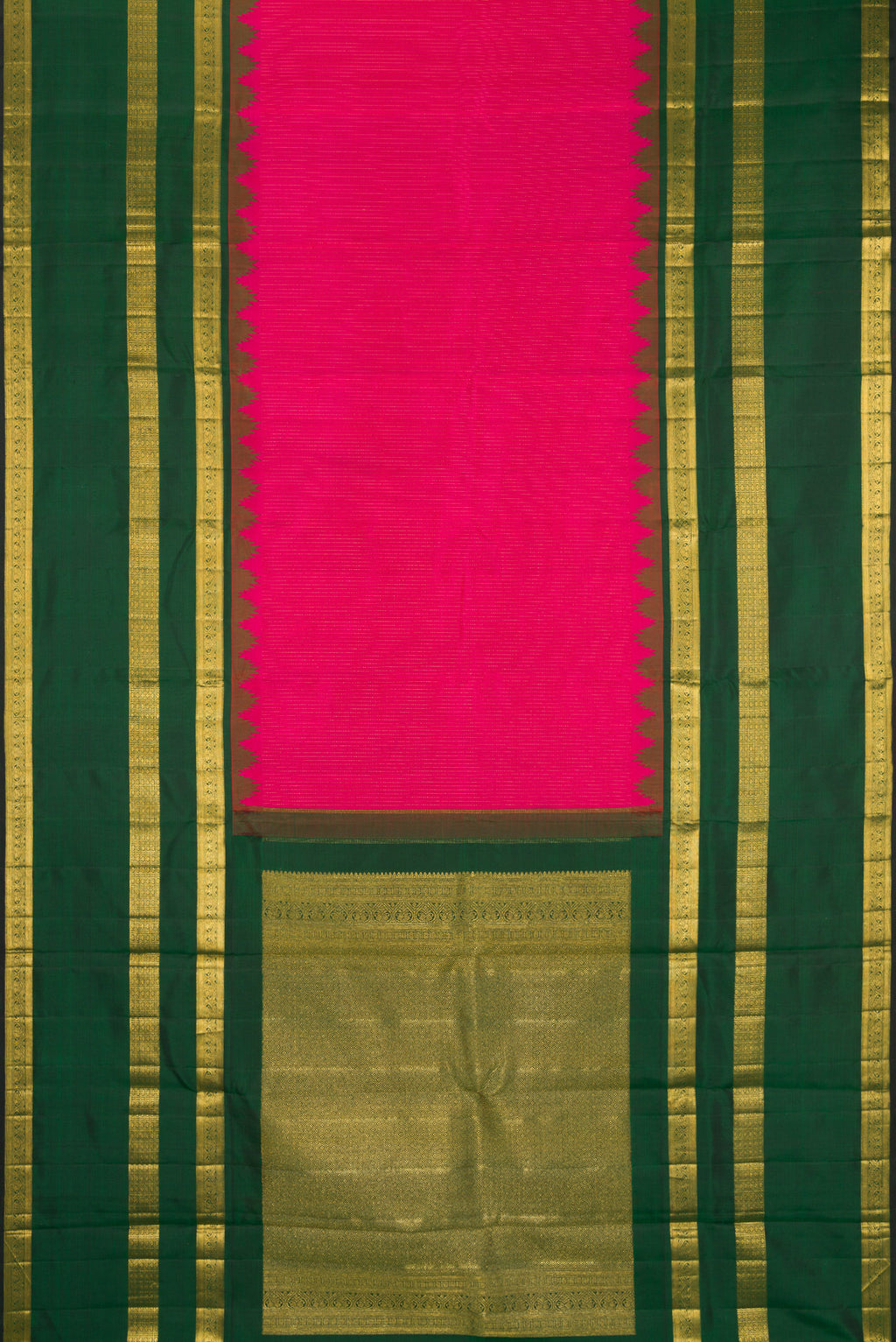 Flat view of Pink Kanchipuram Silk Saree with Stripes on the body and Zari Border. 