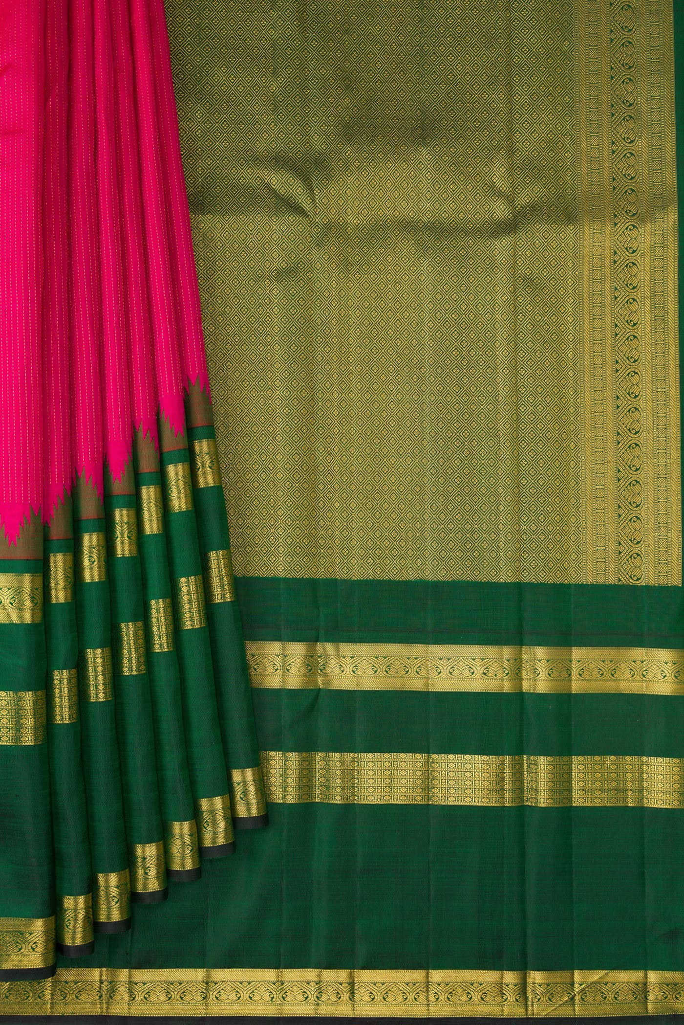 Pleats and pallu of Pink Kanchipuram Silk Saree with Stripes on the body and Zari Border. 