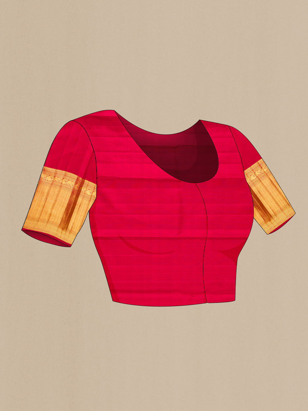 Close up image of the blouse of Pure Silk Gold Kanchipuram Saree with Zari Brocade on the body and Zari Border. 