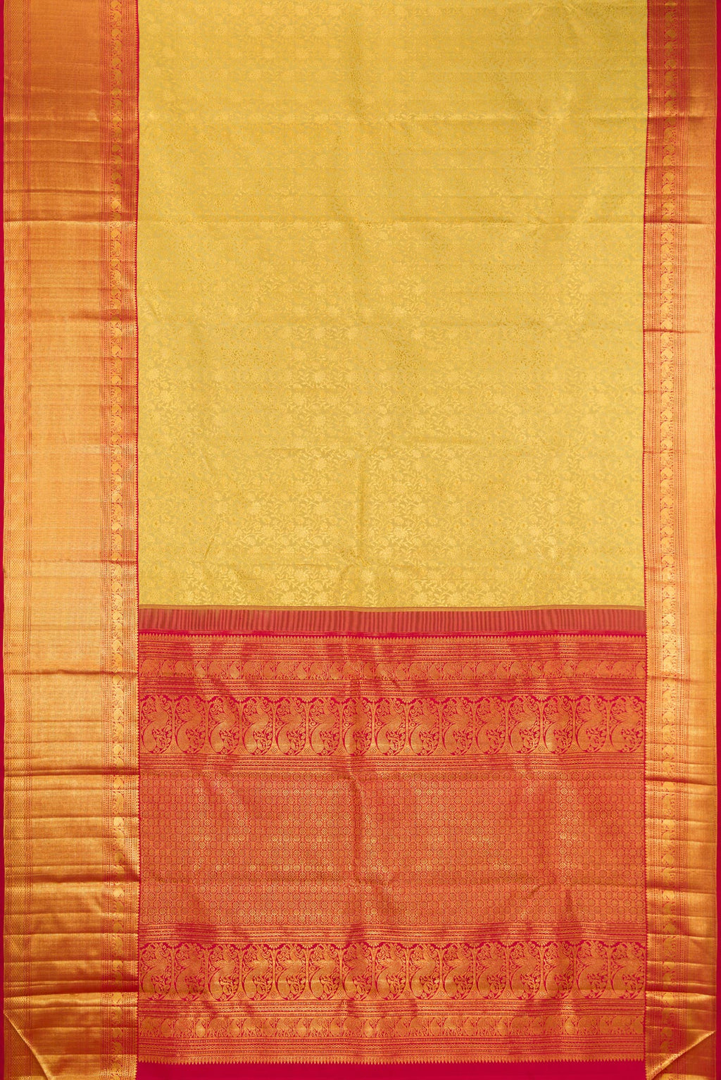 Flat view of Pure Silk Gold Kanchipuram Saree with Zari Brocade on the body and Zari Border. 