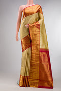Pure Silk Beige Kanchipuram Saree with Checked design on the body and Zari Border.  displayed on a mannequin