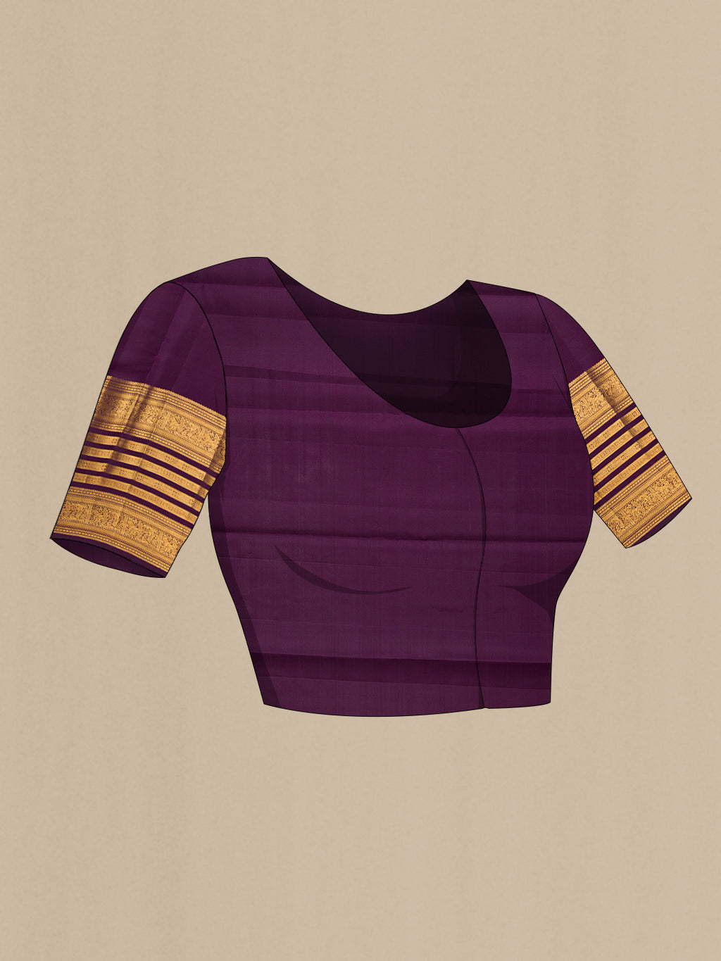 Close up image of the blouse of Pure Silk Burgundy Dual Tone Kanjivaram Saree with Stripes on the body and Zari Border. 