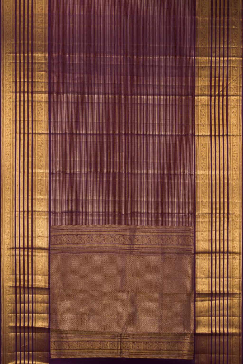 Flat view of Pure Silk Burgundy Dual Tone Kanjivaram Saree with Stripes on the body and Zari Border. 