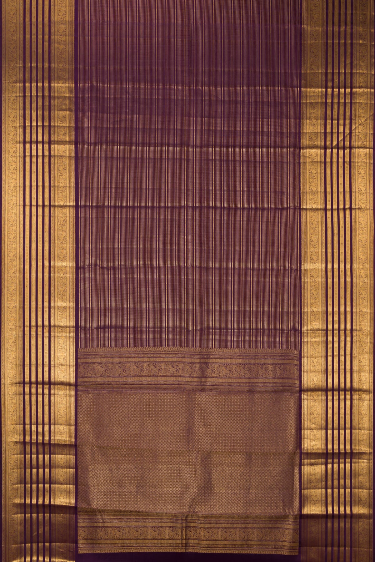 Flat view of Pure Silk Burgundy Dual Tone Kanjivaram Saree with Stripes on the body and Zari Border. 