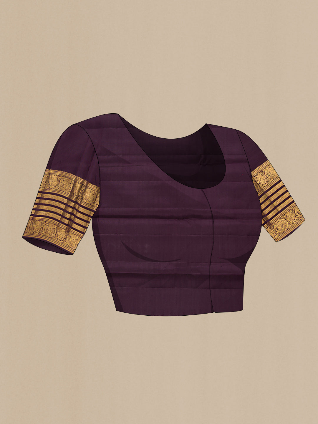 Close up image of the blouse of Grey Kanjivaram Silk Saree with Stripes on the body and Zari Border. 
