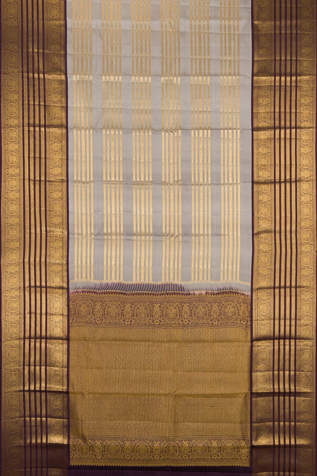Flat view of Grey Kanjivaram Silk Saree with Stripes on the body and Zari Border. 