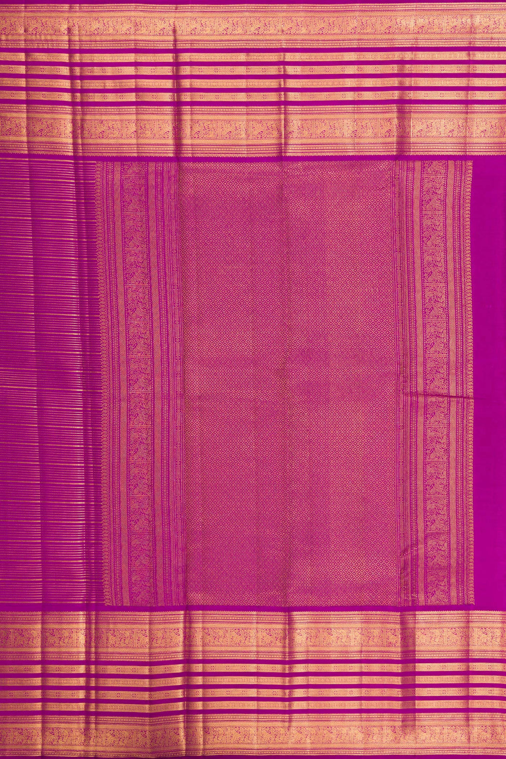 Close up image of the pallu of Magenta Kanjivaram Silk Saree with Stripes on the body and Fancy Border. 