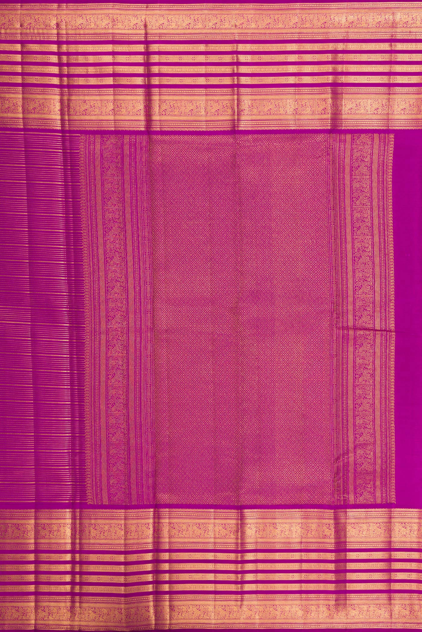 Close up image of the pallu of Magenta Kanjivaram Silk Saree with Stripes on the body and Fancy Border. 
