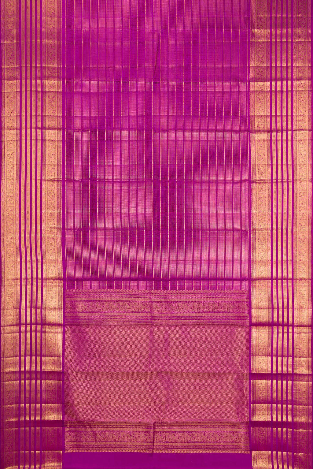 Flat view of Magenta Kanjivaram Silk Saree with Stripes on the body and Fancy Border. 