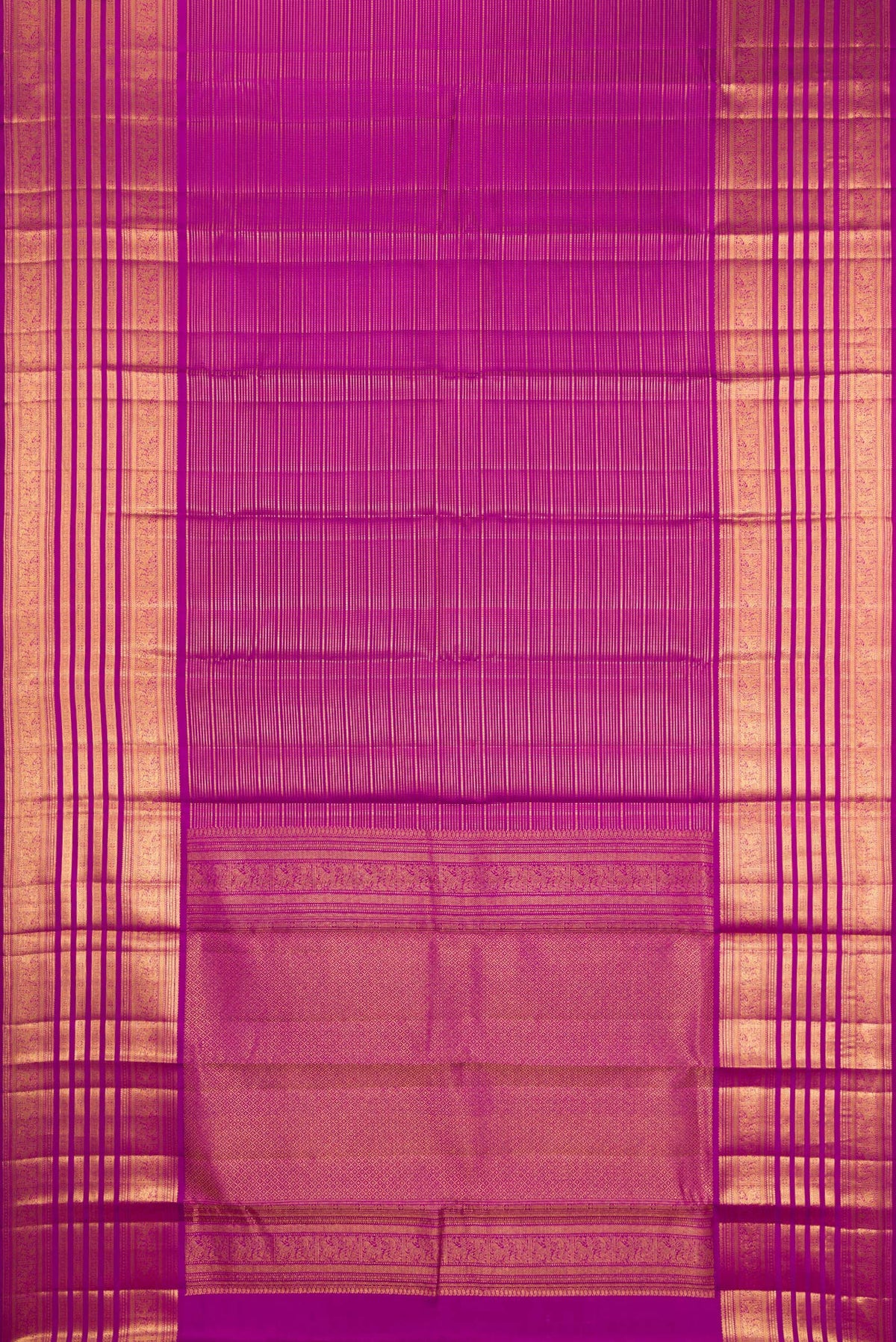 Flat view of Magenta Kanjivaram Silk Saree with Stripes on the body and Fancy Border. 