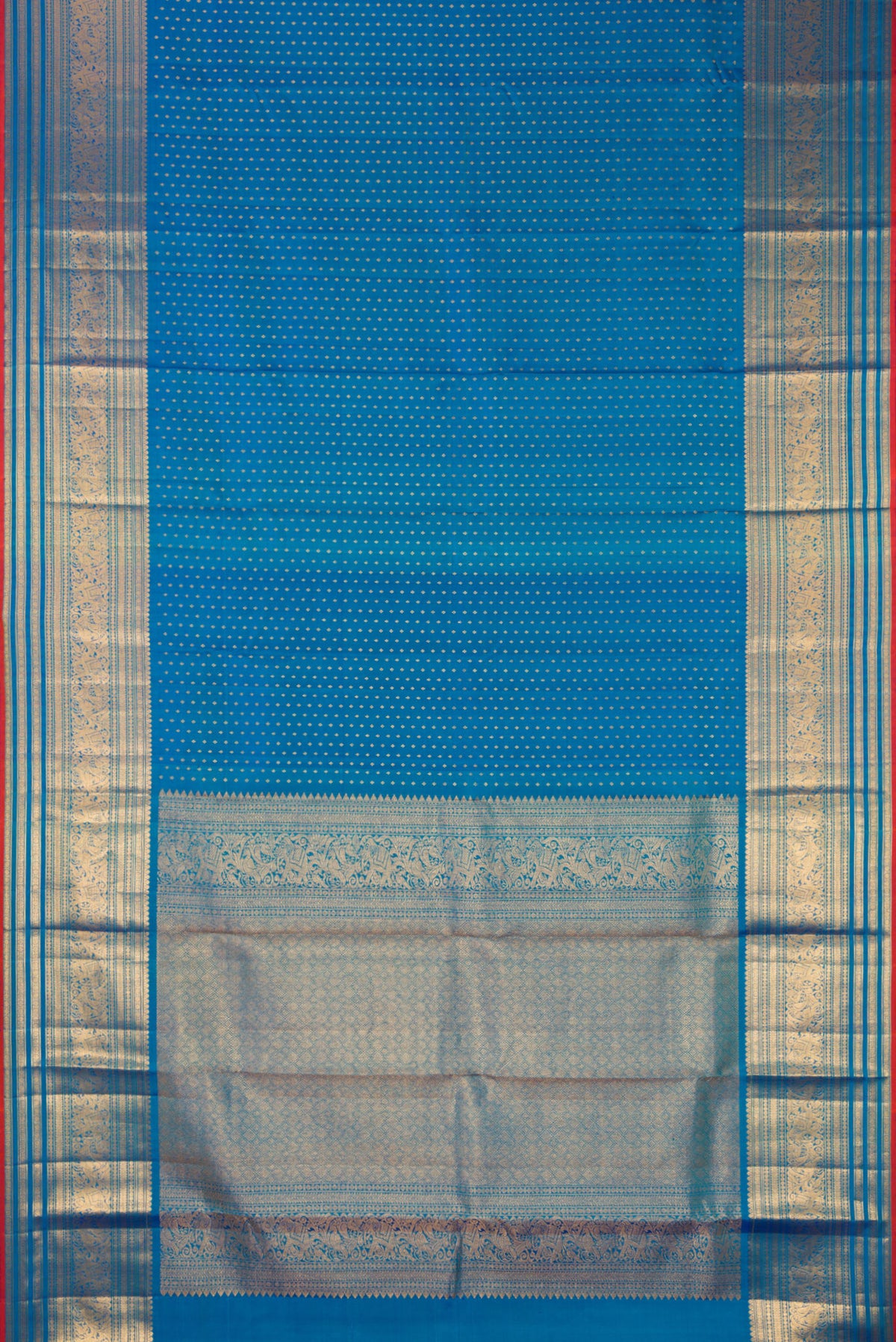 Flat view of Pure Silk Blue Kanjivaram Saree with Zari Butta on the body and Zari Border. 