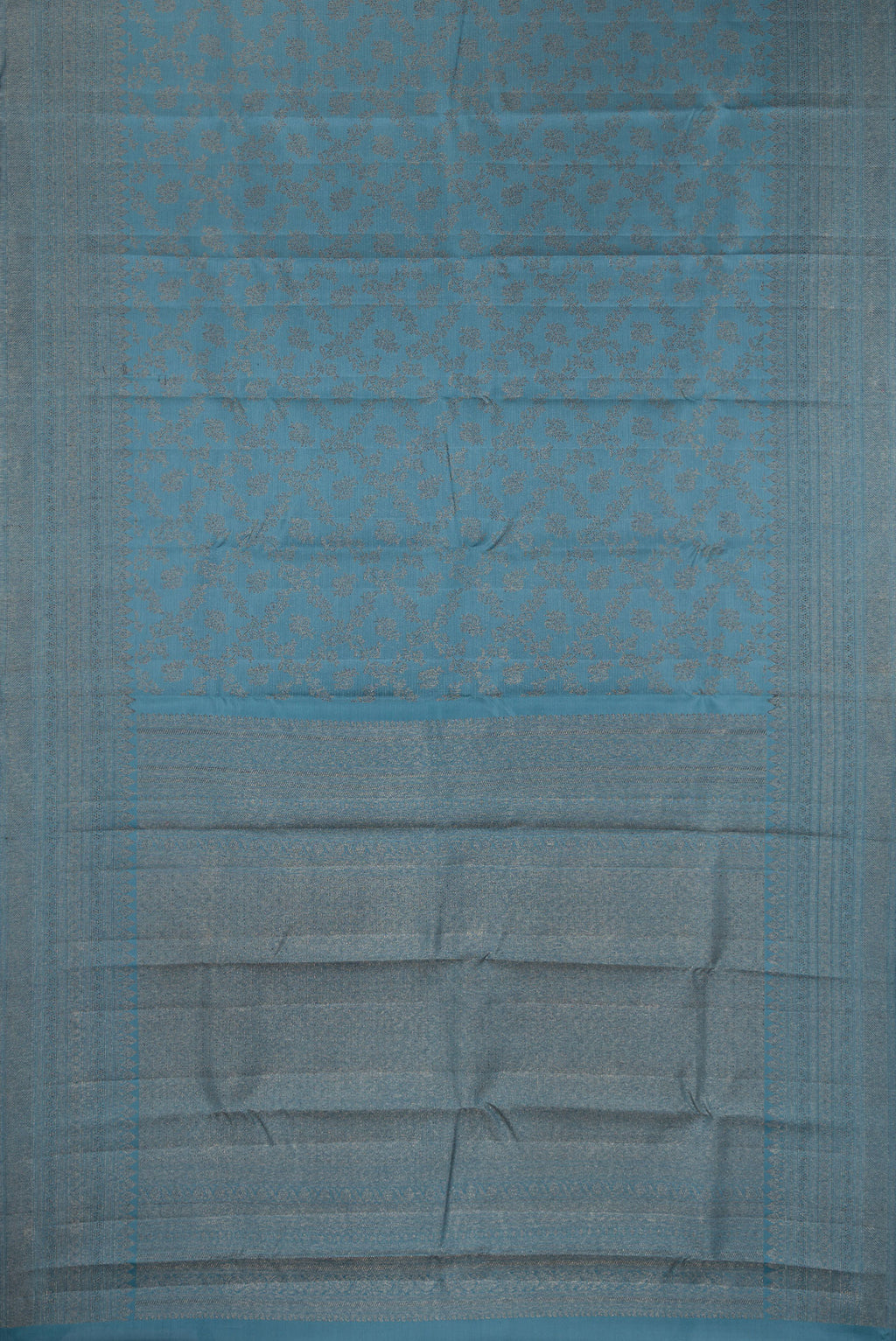 Flat view of Pure Silk Maya Blue Dual Tone Kanjivaram Saree with Zari Brocade on the body and Fancy Border. 