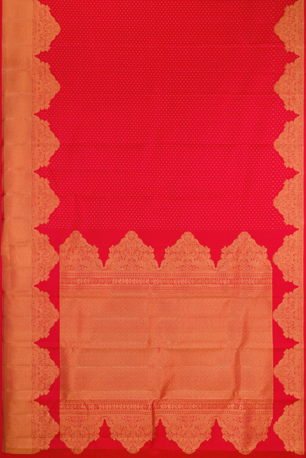 Flat view of Red Kanjivaram Silk Saree with Zari Butta on the body and Fancy Border. 