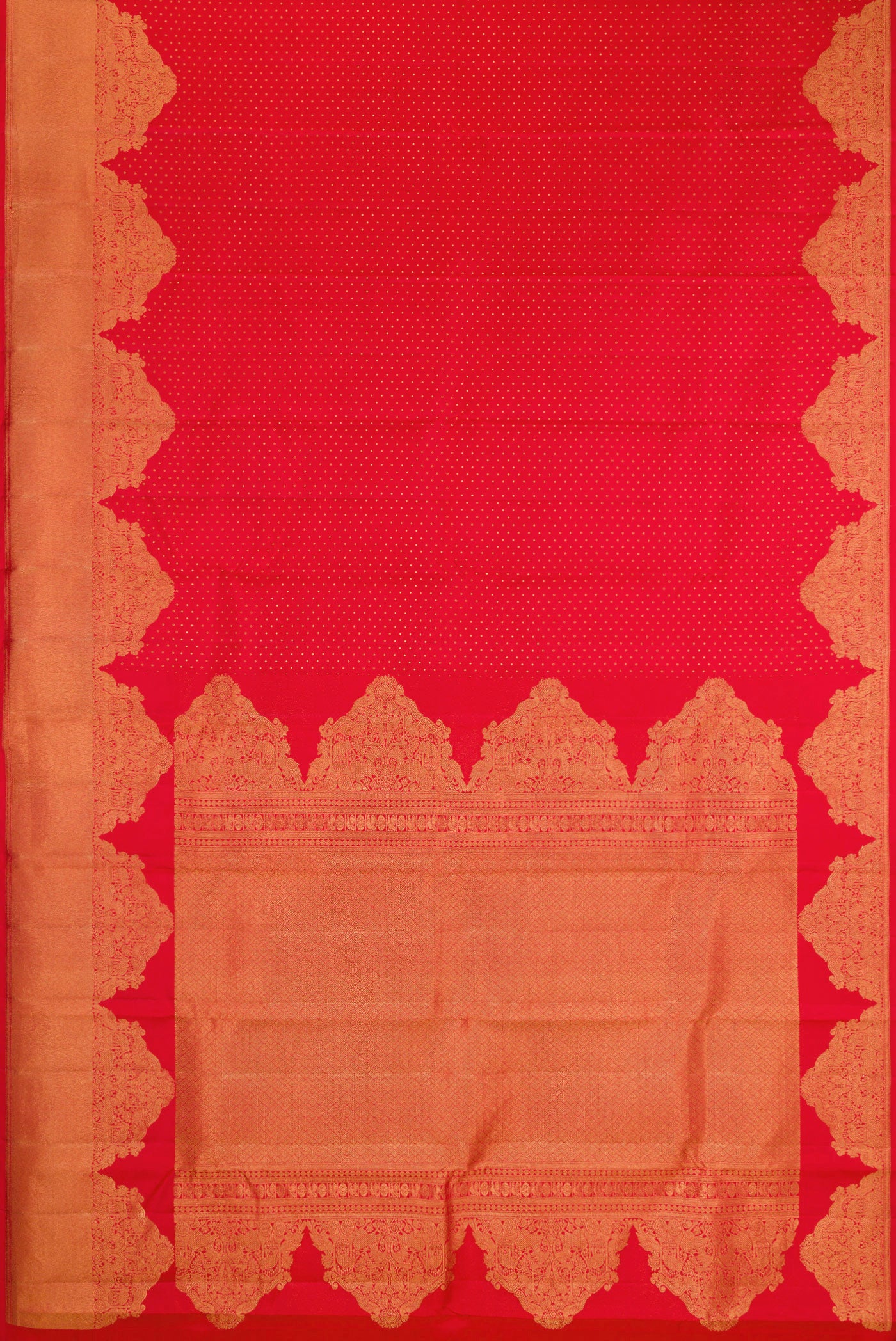 Flat view of Red Kanjivaram Silk Saree with Zari Butta on the body and Fancy Border. 