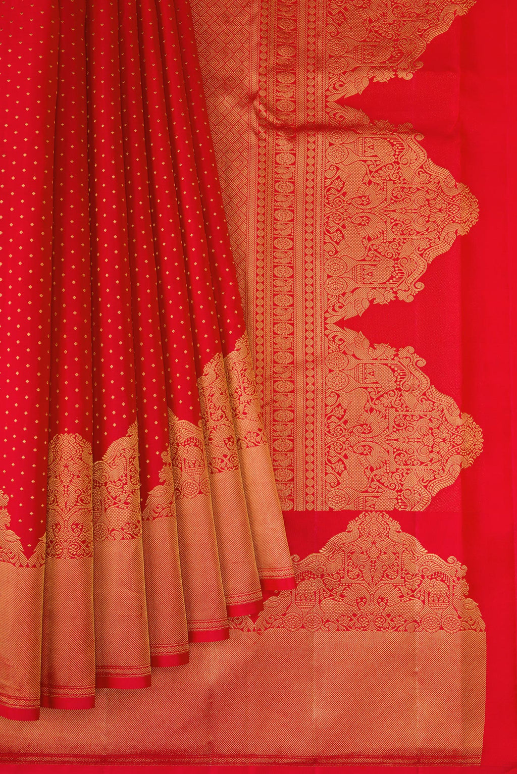 Pleats and pallu of Red Kanjivaram Silk Saree with Zari Butta on the body and Fancy Border. 