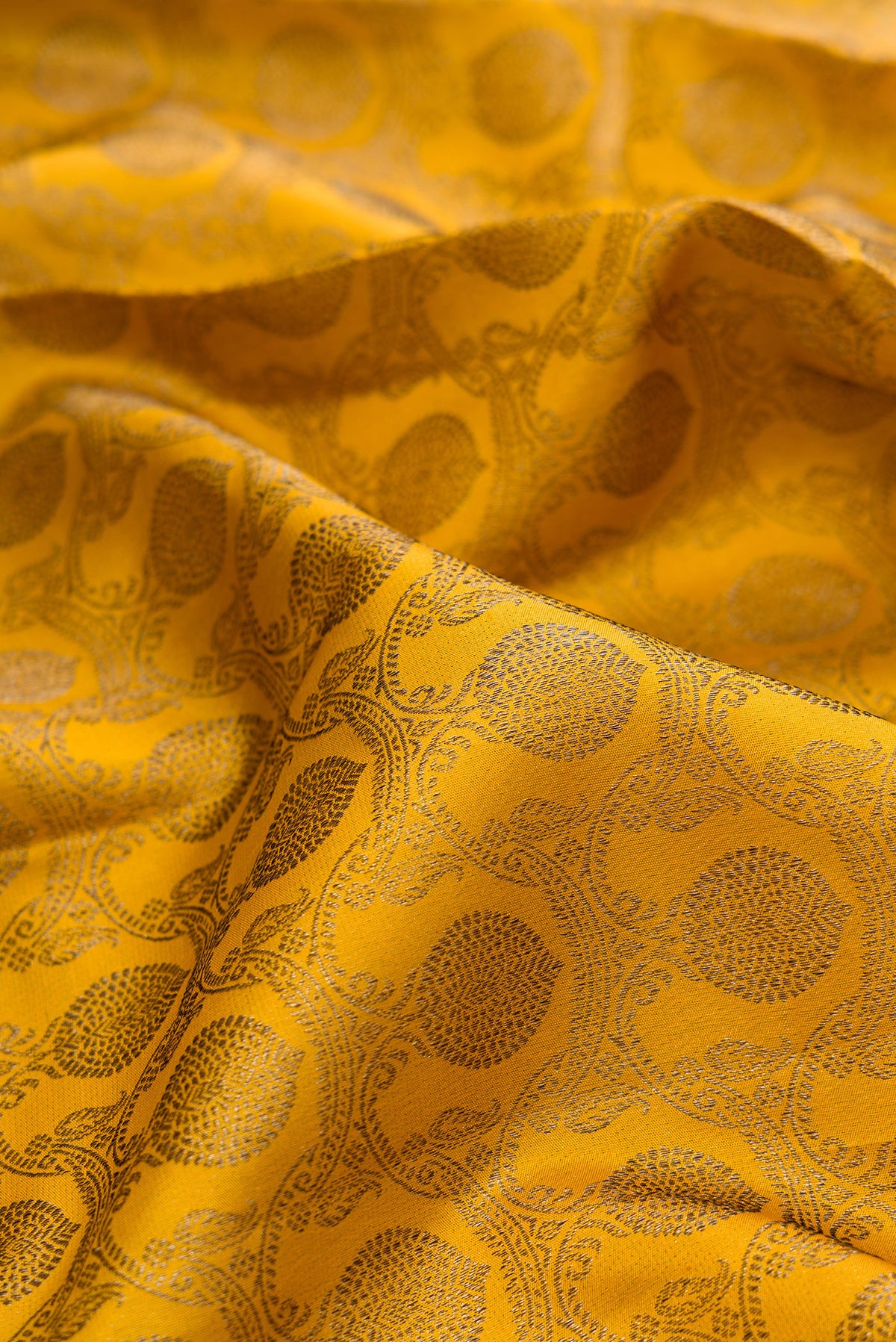 Close up of Pure Silk Mustard Kanjivaram Saree with Zari Brocade on the body and Zari Border.  displaying folds